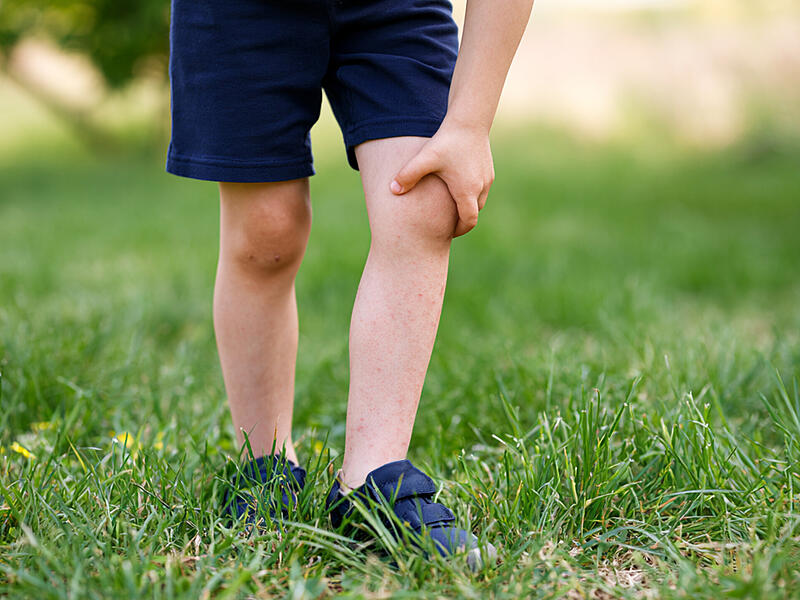 Anonymous Child Scratching Itchy Skin Irritation on Legs After Playing on Green Grass