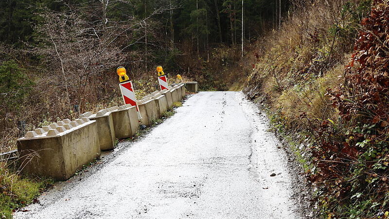 Durch umgest&uuml;rzte B&auml;ume am Hang ist die Stra&szlig;e (links hinter und unter den Betonquadern) teilweise instabil und die Leitplanke verbogen.
