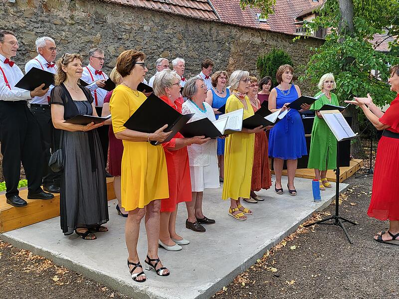 Zwar krankheitsdezimiert, aber stimmenstark und farbenfroh bewältigte der „Liederkranz“ sein Open Air im Probstenhof.