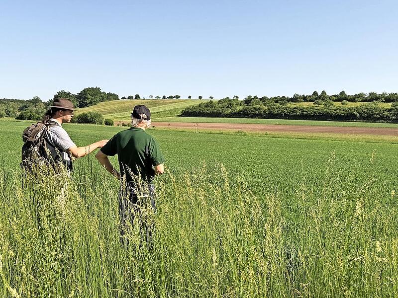 André Maslo (links) und Öko-Landwirt Hans Jürgen Mohl im Gespräch im Rahmen der Exkursion. André Maslo (links) und Öko-Landwirt Hans Jürgen Mohl im Gespräch im Rahmen der Exkursion.