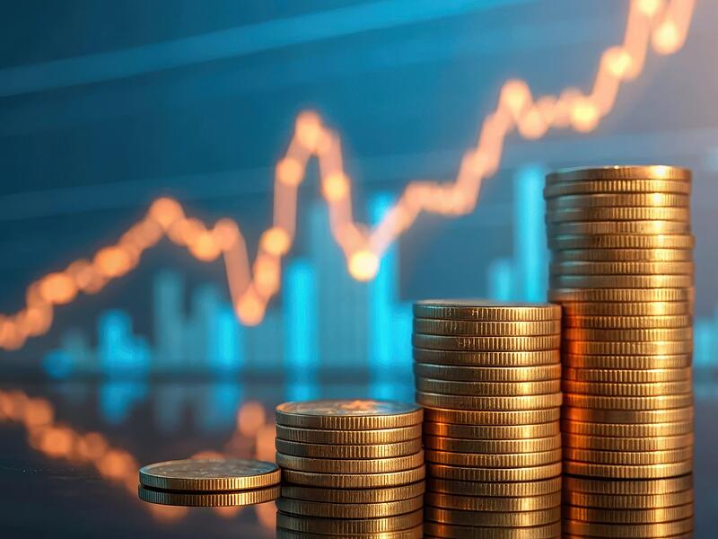 Golden coin stacks on reflective surface with glowing stock chart in background — ideal for financial investment, wealth growth, and economic trend visuals Golden coin stacks on reflective surface with glowing stock chart in background — ideal for financial investment, wealth growth, and economic trend visuals
