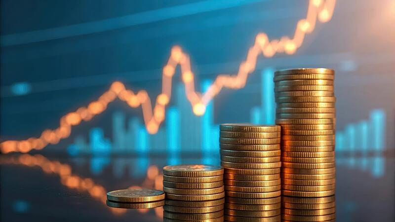 Golden coin stacks on reflective surface with glowing stock chart in background — ideal for financial investment, wealth growth, and economic trend visuals