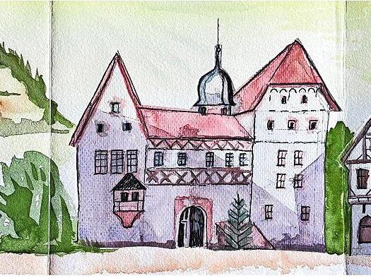 Dieses regionale Motiv, gemalt von Annette Heineck, ziert die Lose der Benefiz-Gewinnaktion.