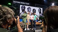 Das legend&auml;re &bdquo;Puma World Team&ldquo; (v. li.): Linford Christie, Heike Drechsler, Merlene Ottey und Colin Jackson