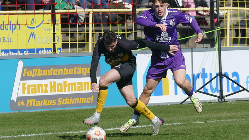 Valentin Schmitt (rechts) und der FC Eintracht Bamberg brachten bei kampfstarken Hofer Bayern zu wenig spielerische Linie auf den Platz.