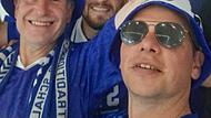 K&ouml;nigsblaue Gl&uuml;cksseligkeit: F&uuml;nf oberfr&auml;nkische Schalke-Fans vom Fanklub "Schalke-Inferno 04" um Vorsitzenden Ingo D&ouml;rnh&ouml;fer (vorne links) waren beim Aufstieg live dabei.