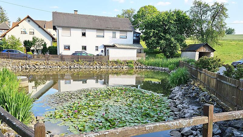 Ein sch&ouml;ner Anblick: der L&ouml;schwasserteich in der Ortsmitte von Vorbach. Allerdings ist der M&ouml;nch (hinten links) undicht, so dass der Wasserstand zu tief absinkt.