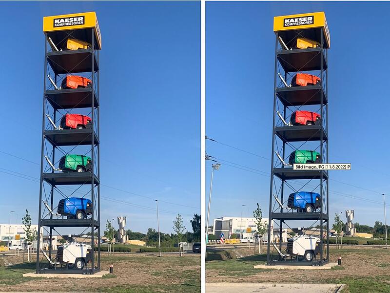 Mobiles Wahrzeichen: Ende Oktober wird der &bdquo;Kompressor-Turm&ldquo; wieder auf der Fachmesse in M&uuml;nchen stehen. Vorher und nachher hat er seinen Platz jetzt aber immer nahe des Kaeser-Kreisels im Coburger Stadtteil Bertelsdorf.