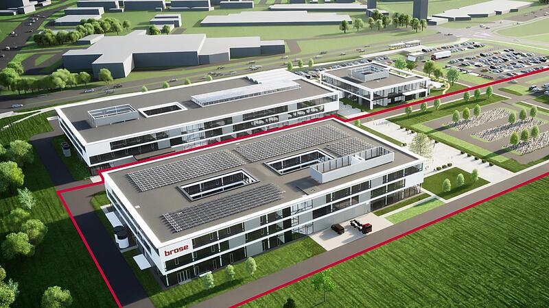 Die geplante Erweiterung der Firma Brose Fahrzeugteile  am Berliner Ring (im Hintergrund), inklusive Parkhaus (rechts) und Photovoltaik-Dach (links).