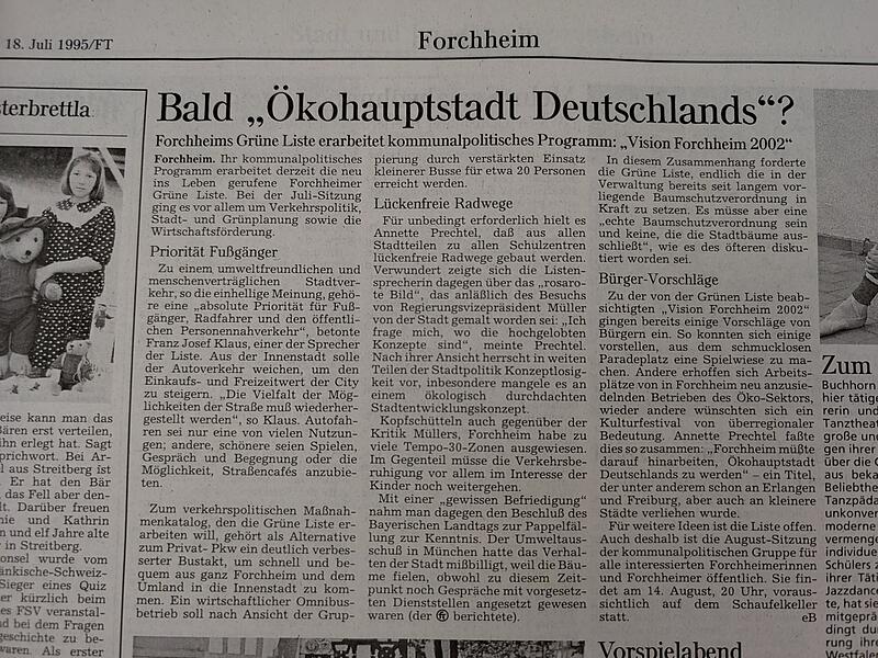 30 FGL ForchheimForchheim & Fränkische Schweiz Ein Zeitungsausschnitt aus dem Fränkischen Tag vom 18. Juli 1995 über die Ziele der FGL.