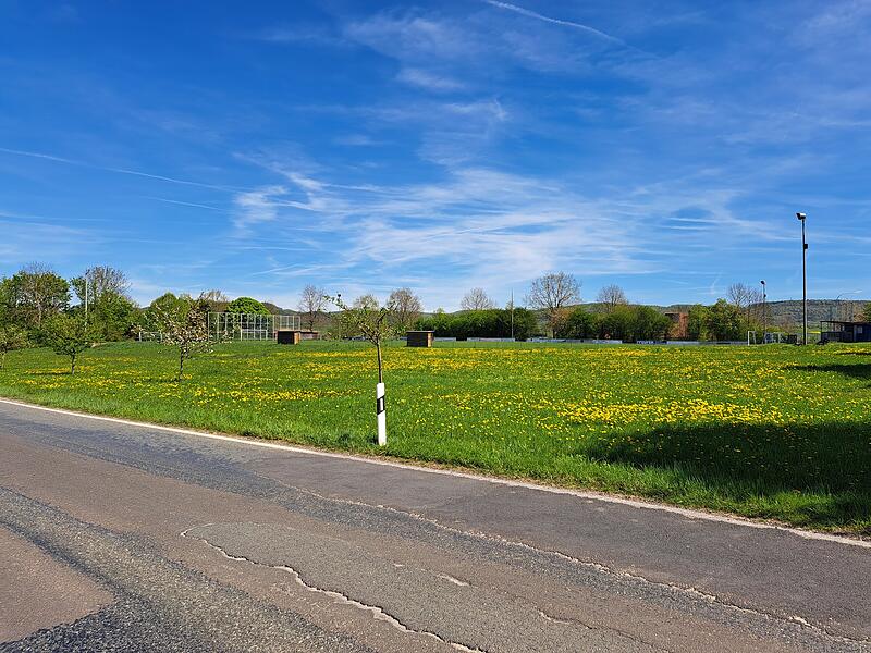 Auf dieser gr&uuml;nen Wiese &ndash;  im Hintergrund das Sportgel&auml;nde und im Vordergrund die Staatsstra&szlig;e &ndash;  soll das neue Feuerwehrhaus in Kunreuth gebaut werden.