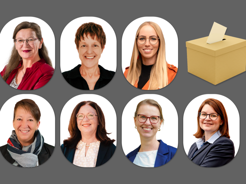 Das sind die B&uuml;rgermeisterinnen im Landkreis Bamberg (Wahl 2026): Mirjam Stark, Sigrid Reinfelder, Clarissa Schmitt (hinten von links), Denise M&uuml;ller, Regina Wohlpart, Stephanie Auer-Neuberg und Michaela Kaiser (vorne von links).