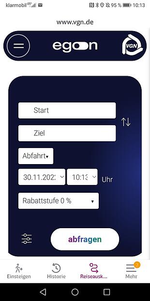Mit der neuen Egon-App kann man eine Verbindung suchen und auch direkt einchecken.