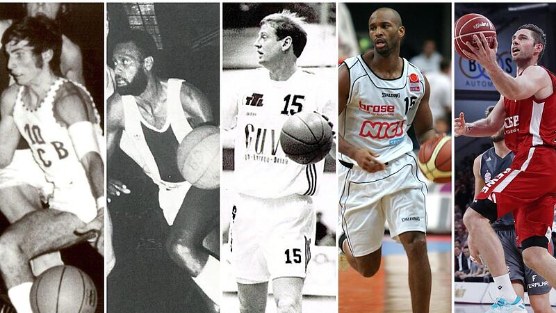 Fünf Linkshänder, die in Bamberg ihren Fußabdruck hinterlassen haben (von links): Wolfgang Reichmann, Ken Sweet, Mike Jackel, Derrick Phelps und Fabien Causeur.