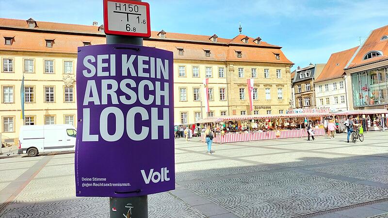 Europawahl 2024 in Bamberg: An diesem Plakat der Partei Volt scheiden sich die Geister Europawahl 2024 in Bamberg: An diesem Plakat der Partei Volt scheiden sich die Geister