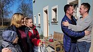Die Freude war groß, als die Familie Konovalov auf dem Bauernhof im Rugendorfer Ortsteil Eisenwind angekommen ist. Roman Konovalov und Michael Dreßel (rechts) umarmen sich. Mit auf dem Bild David, Marina, Katheryna und Anastasia Konovalov.