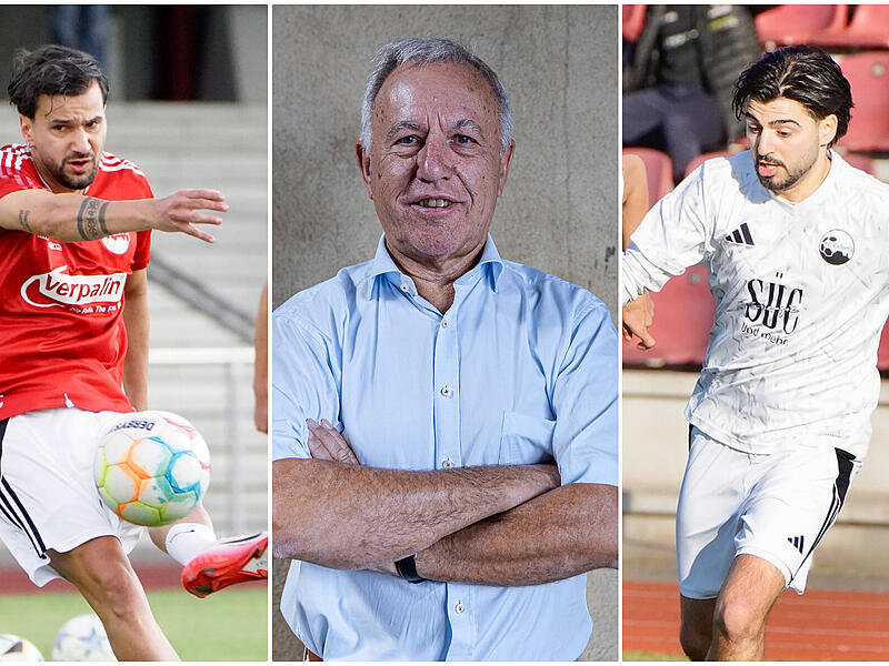 Wolfgang Gremmelmaier (Mitte), Vorsitzender des FC Coburg, spricht &uuml;ber den Abgang der Civelek-Br&uuml;der Aykut (links) und Cankut.