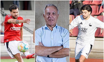 Wolfgang Gremmelmaier (Mitte), Vorsitzender des FC Coburg, spricht &uuml;ber den Abgang der Civelek-Br&uuml;der Aykut (links) und Cankut.