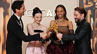 Adrien Brody (l-r), Mikey Madison, Zoe Saldana, Kieran Culkin