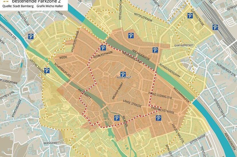 Die rote Markierung zeigt die Innenstadtzone 1, die gelbe Markierung Zone 2. Die gestrichelten Markierungen kennzeichnen die bisherigen Zonengrenzen.
