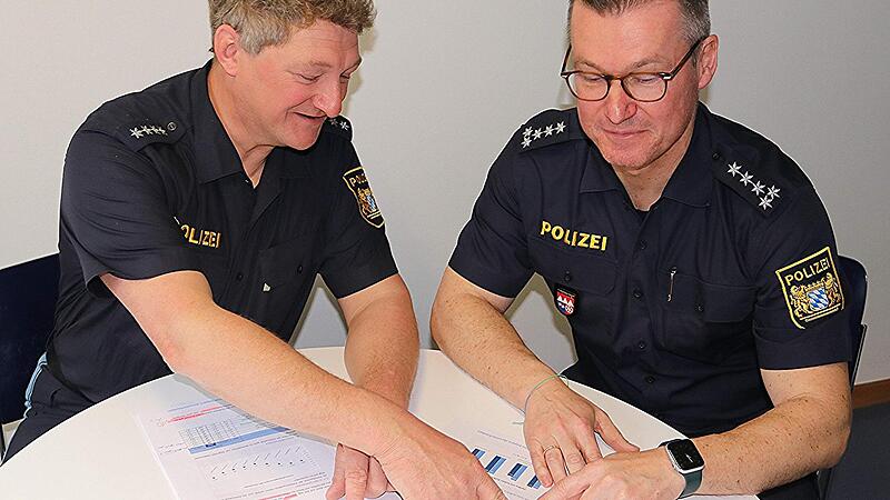 Detlef Hauck (rechts), Leiter der Polizeiinspektion, und sein kommissarischer Vertreter, Georg Klarmann (links) im Gespr&auml;ch &uuml;ber die Kriminalstatistik der Polizei in Ebern.