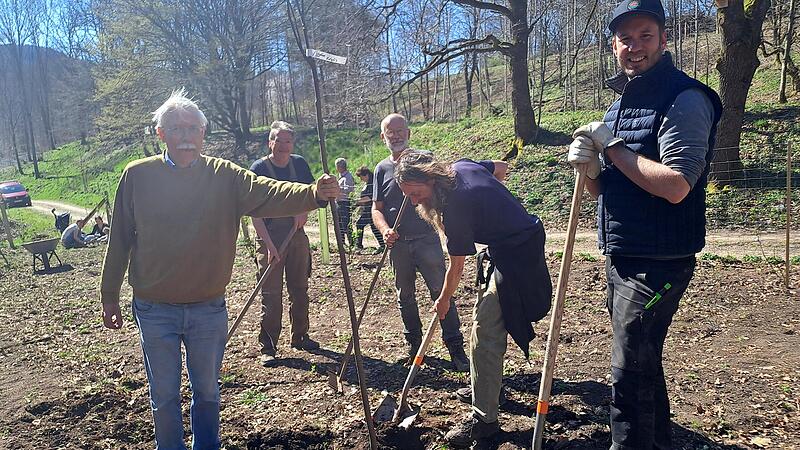 Mitglieder des Permakultur-Vereins setzen einen neuen Baum: (von links) Werner Rasche, Matthias Lother, Robert Hildmann, Christoph Hack und Florian Probeck.