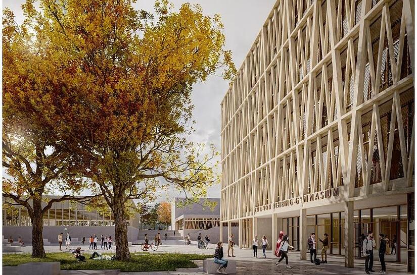 So soll das neue Gymnasium in Spardorf einmal aussehen. St&auml;mme aus Leimholz pr&auml;gen die Fassade.