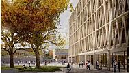 So soll das neue Gymnasium in Spardorf einmal aussehen. Stämme aus Leimholz prägen die Fassade.