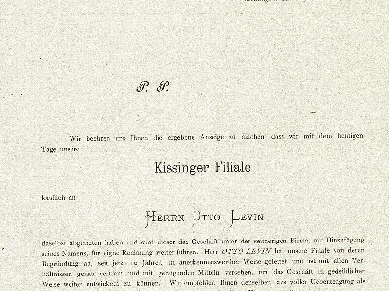 Anzeige des Buchh&auml;ndlers Otto Levin vom 1. Januar 1884 &uuml;ber die &Uuml;bernahme der Buchhandlung &bdquo;f&uuml;r eigene Rechnung&ldquo;.