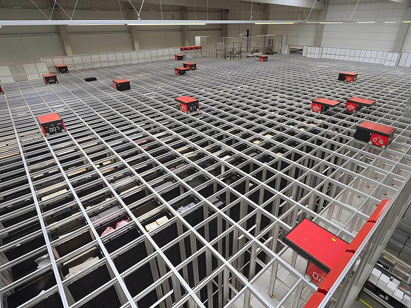 Herzst&uuml;ck der Anlagen ist das &bdquo;Grid&ldquo;, ein Aluminiumrahmen, der ein Ger&uuml;st f&uuml;r die &uuml;bereinandergestapelten Beh&auml;lter bildet und den Robotern Fahrschienen bietet.Forchheim & Fr&auml;nkische Schweiz