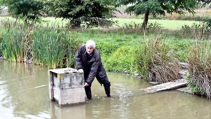 Bedingt durch Biber und Bisamschäden liegt der Wasserspiegel an einem der Teiche von Edwin Hartmann bei 40 Zentimetern unter normal.