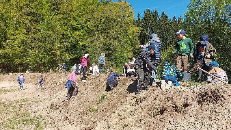 Mit Spaten und vollem Einsatz: Grundschulkinder der Grundschule Zeitlofs bei der Pflanzaktion auf der Lichtung 3 der Forstverwaltung Rupboden.