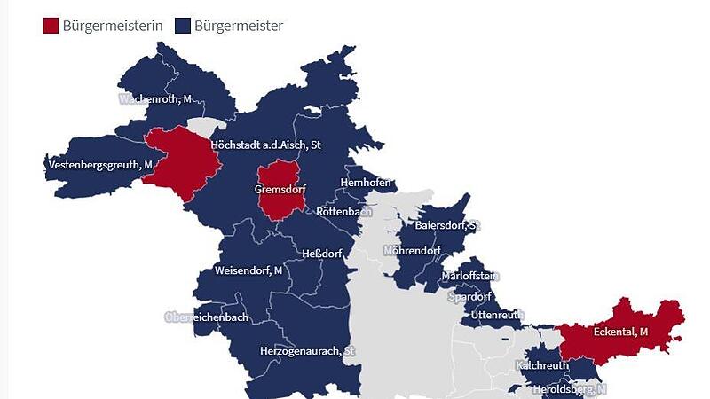 Die roten Flecken auf der Landkarte sind die von Frauen angef&uuml;hrten Rath&auml;user im Landkreis Erlangen H&ouml;chstadt: drei St&uuml;ck an der Zahl.