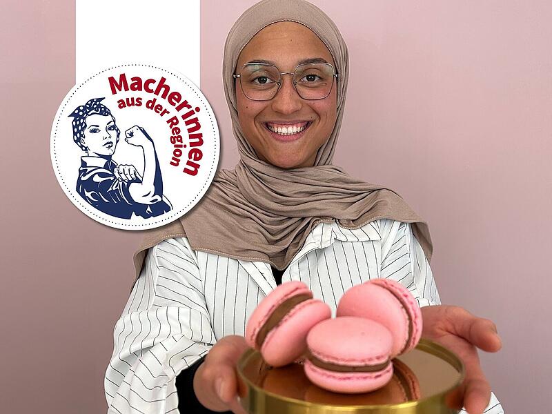 Dena Berk und ihre Macarons Dena Berk („Creams & Dreams“) aus Neustadt bei Coburg präsentiert einige ihrer selbst gemachten Macarons.