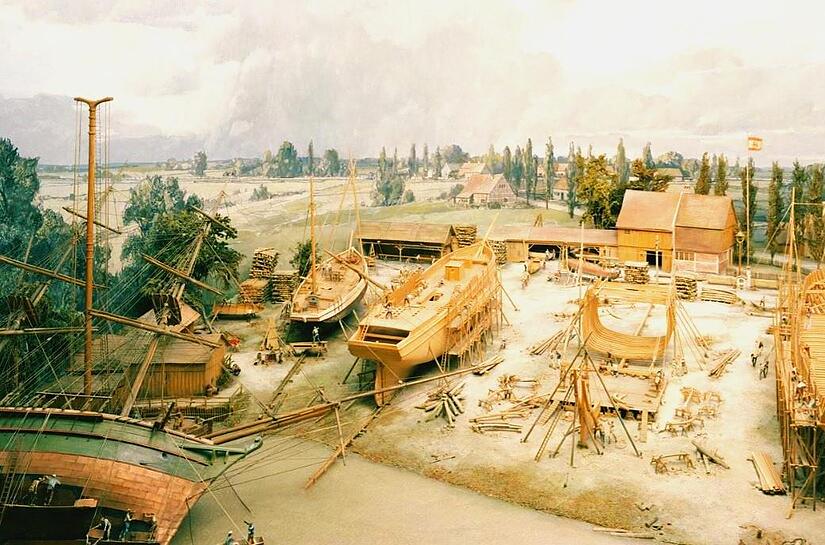 Dieses Bild aus dem Deutschen Museum M&uuml;nchen zeigt, wie  man sich eine holl&auml;ndische Schiffswerft um 1700 vorstellen darf.