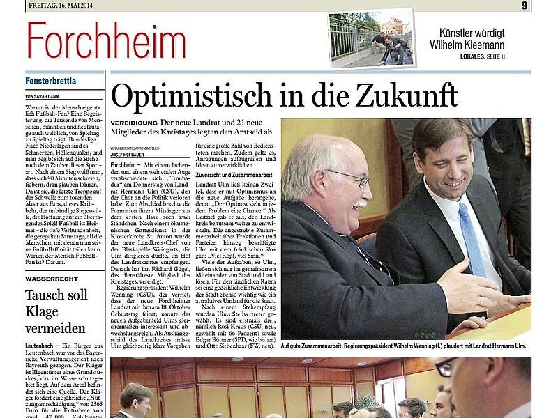 Eine Auswahl von Zeitungsartikeln des Fr&auml;nkischen Tags w&auml;hrend Hermann Ulms Amtszeit von 2014 bis heute.