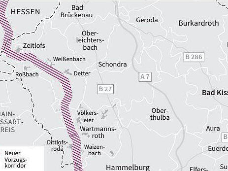 Der neue P43-Vorzugskorridor verl&auml;uft &uuml;ber Zeitlofser und Wartmannsrother Gemeindegebiet. Das sorgt f&uuml;r eine Menge &Auml;rger und Unverst&auml;ndnis in der Gemeinde. Die Darstellung der Korridorbreite ist nicht ma&szlig;stabsgetreu.