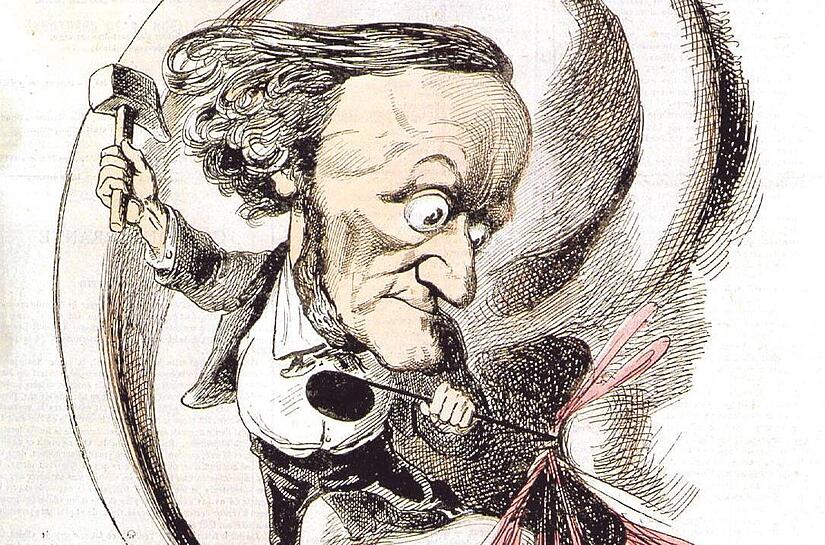 Das Ohr kann Schaden nehmen durch Wagners Musik: Zeichnung von André Gill für die französische Satirezeitschrift „L’Éclipse“, 1869.  &#160;&#160;