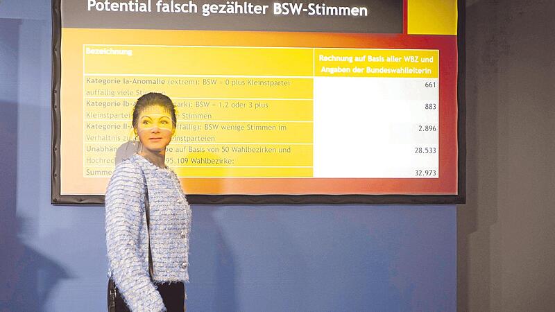 Anfang Februar stellte die 56-jährige Parteigründerin Sahra Wagenknecht in Berlin ein Gutachten vor, das Indizien auf falsche Stimmauszählungen bei der Bundestagswahl darlegte. Anfang Februar stellte die 56-jährige Parteigründerin Sahra Wagenknecht in Berlin ein Gutachten vor, das Indizien auf falsche Stimmauszählungen bei der Bundestagswahl darlegte.