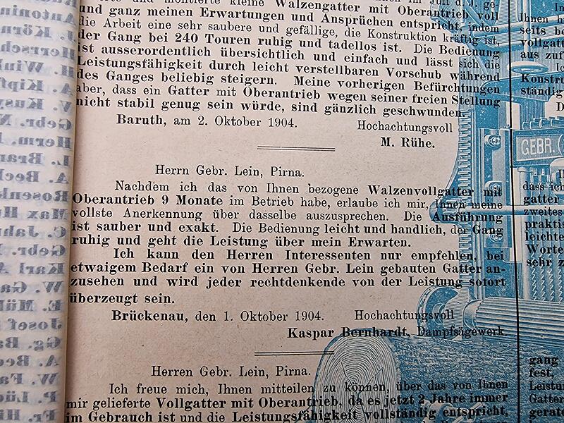 Eine Referenzliste aus dem Jahr 1904 belegt, dass Kaspar Bernhardt in Bad Br&uuml;ckenau ein Vollgatter mit Oberantrieb betrieb und damit sehr zufrieden war. Das Dokument geh&ouml;rt zur Sammlung der Familie Schwenzer.