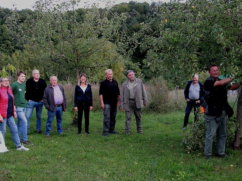 Dirk Kammlott (rechts), ein Fachmann in Sachen Baumschnitt, bringt den Besuchern beim Streuobsttag in Kirchlauter die richtige Baumpflege näher.