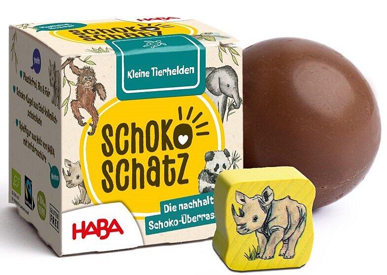 Im September 2026 kommt diese Schoko-Schatz-Kugel auf den Markt. Im Inneren befindet sich eine h&ouml;lzerne Tierfigur von Haba aus Bad Rodach.