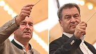 Hubert Aiwanger, FW-Vorsitzender (l.), und Markus Söder, bayerischer Ministerpräsident (CSU), dirigieren die Stadtkapelle beim Handwerkertag auf der Michaelismesse. Die beiden Politiker kamen zeitversetzt. Am Dienstag muss Aiwanger zum Rapport bei...