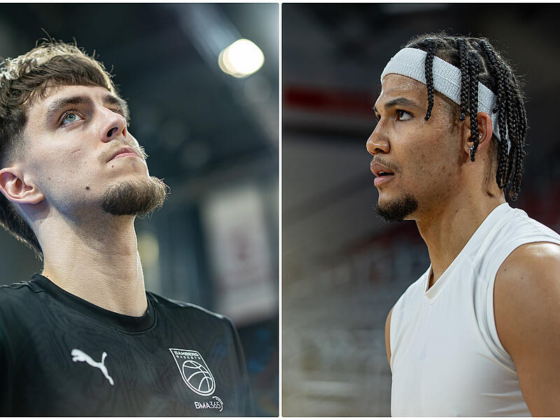 Ex-Baskets-Guard Zach Ensminger (links) und der geb&uuml;rtige Bamberger Nicholas Tischler pr&auml;gen offensiv das Oldenburer Spiel.