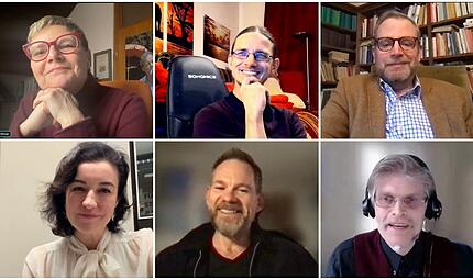 Sabine Dittmar (SPD), Florian Beck (Linke), Karl Graf Stauffenberg (FDP), Dorothee B&auml;r (CSU), Frank Helmerich (FW), Christian Ruser (Gr&uuml;ne) im Fragenstrudel der Saale-Zeitung