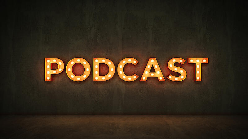 Neon Sign on Brick Wall background - Podcast. 3d rendering Podcast