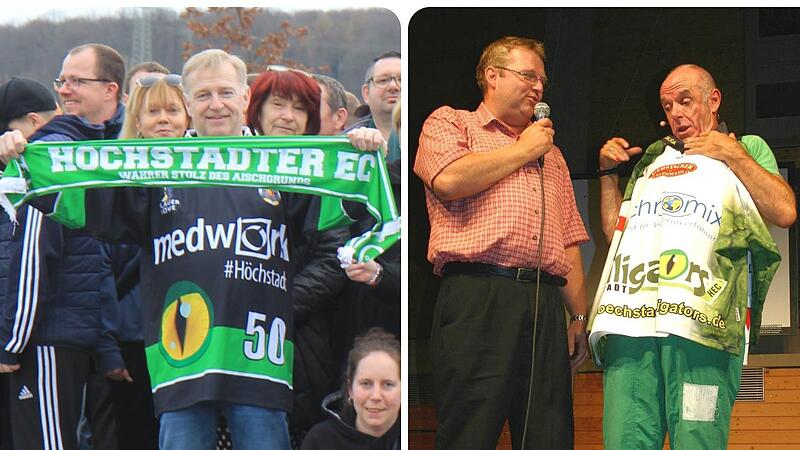 Im Juli 2006 verleiht Axel Rogner Kabarettist Klaus Karl-Kraus, damals Ehrengast einer Benefizaktion zugunsten des HEC-Nachwuchses, ein Trikot der Alligators (rechts). Knapp 17 Jahre sp&auml;ter ist Rogner bei der gro&szlig;en H&ouml;chstadter Play-off-Reise nach...