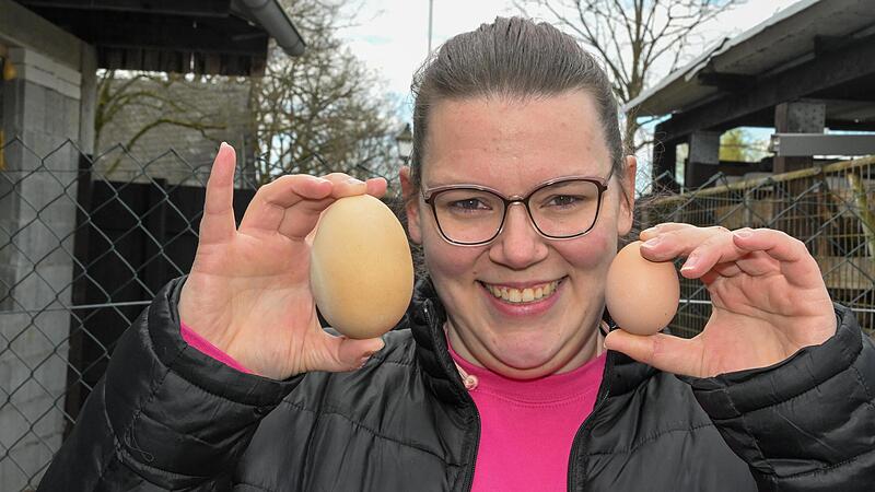 Ein Vergleich: Svenja Wendler aus Sch&ouml;nbrunn zeigt das faustgro&szlig;e Rekord-Ei ihrer Henne H&auml;hnriette.