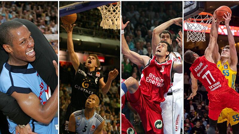 Demond Mallet (links, 2005) und Steffen Hamann (zweites Bild von links, 2004) gewannen mit Bamberg nervenaufreibende Play-off-Serien. der K&ouml;lner Sasa Nadjfeji (zweites Bild von rechts) sorgte 2006 f&uuml;r einen bitteren Bamberger K.o. im Halbfinale, 2...