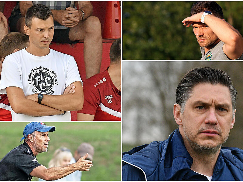 Stefan Dietz (FC Lichtenfels), Carsten Nüßlein (DJK Bamberg), Oliver Kröner (DJK Dampfach) und Achim Engel (TSV Mönchröden) ziehen Bilanz nach der Hinrunde der Landesliga Nordwest.